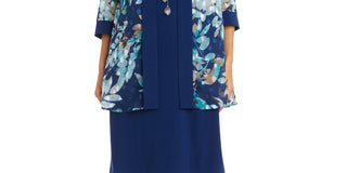 R &amp; M Richards Jaqueta e vestido estampados femininos, azul, tamanho 18W