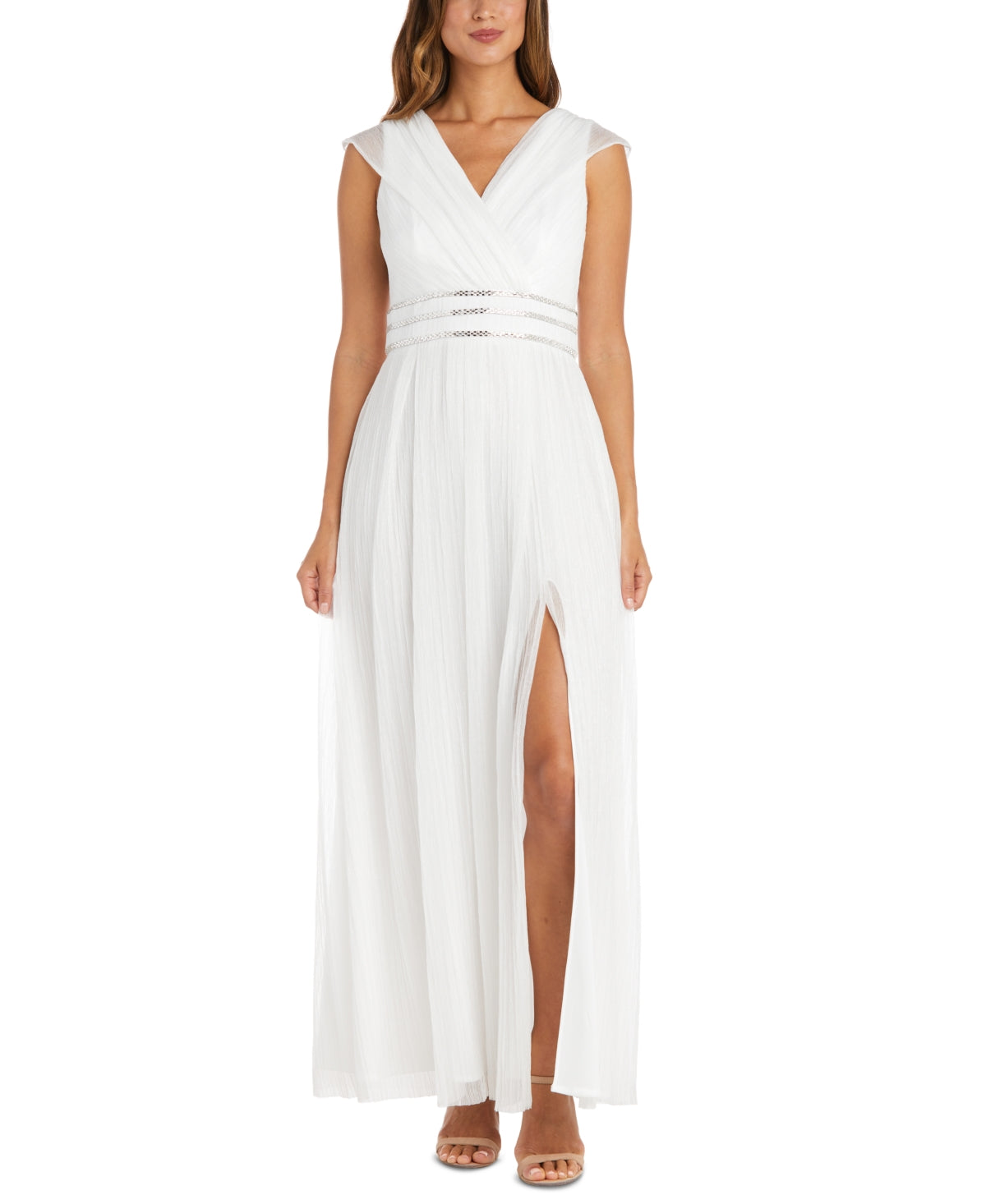 Vestido metálico feminino R &amp; M Richards Surplice, branco, tamanho 16W