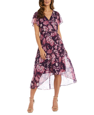 Vestido envelope falso com mangas esvoaçantes R &amp; M Richards feminino, roxo, tamanho 16W