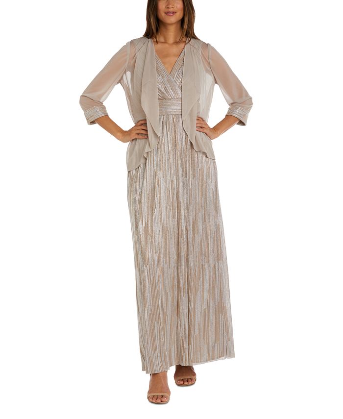 Jaqueta e vestido metálicos femininos R &amp; M Richards, 2 peças, marrom, tamanho 12, pequeno