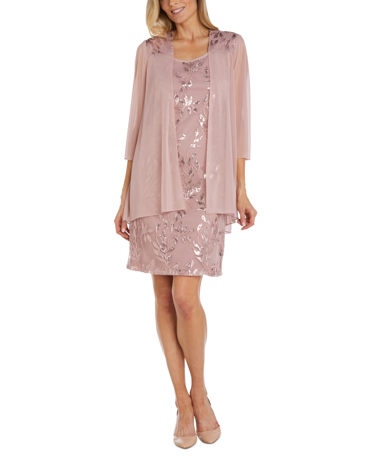 Vestido e jaqueta femininos R &amp; M Richards com decote redondo e lantejoulas, marrom, tamanho 14