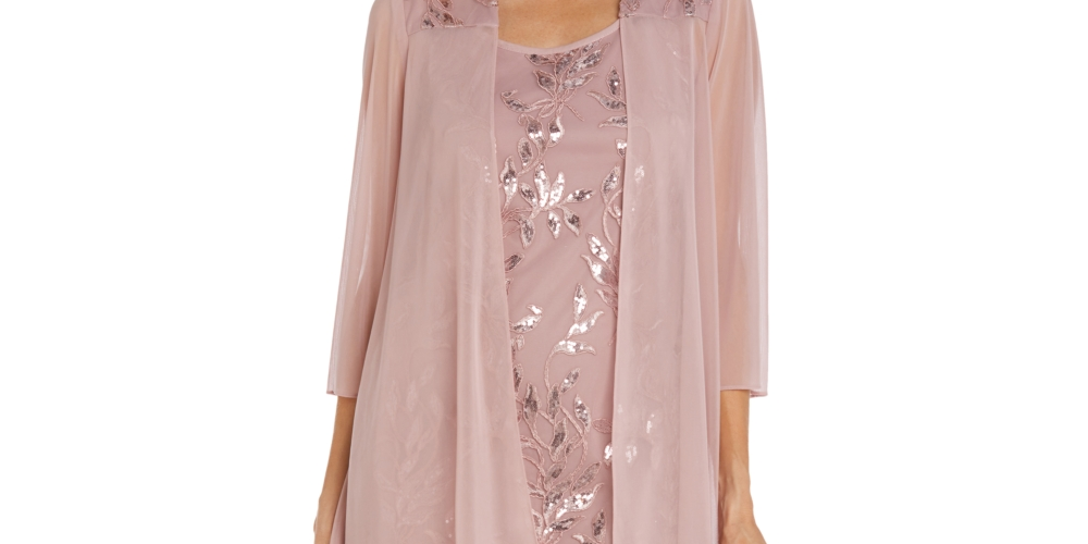 Vestido e jaqueta femininos R &amp; M Richards com decote redondo e lantejoulas, marrom, tamanho 14