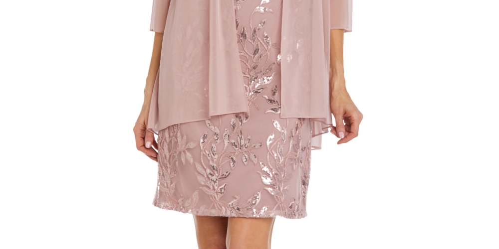 Vestido e jaqueta femininos R &amp; M Richards com decote redondo e lantejoulas, marrom, tamanho 14