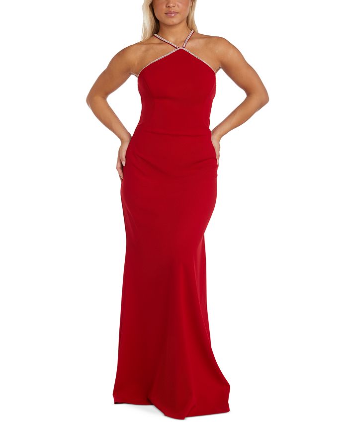 Vestido de festa feminino Nightway com babados e decote halter, vermelho, tamanho 12