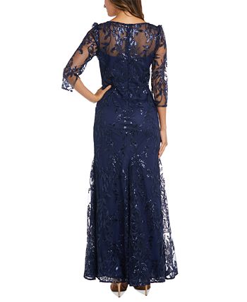 Vestido feminino R &amp; M Richards com decote canoa e renda ilusão, azul, tamanho 14