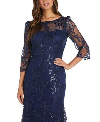 Vestido feminino R &amp; M Richards com decote canoa e renda ilusão, azul, tamanho 14
