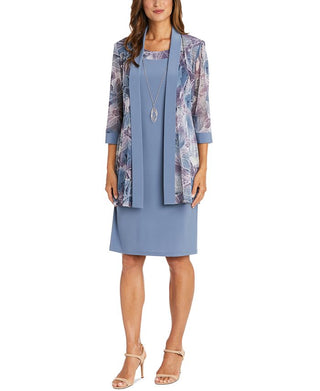 R &amp; M Richards 2 peças estampadas jaqueta e vestido colar cinza tamanho 18