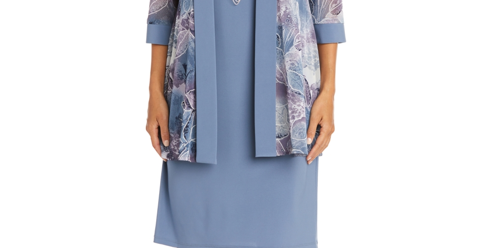 R &amp; M Richards 2 peças estampadas jaqueta e vestido colar cinza tamanho 18