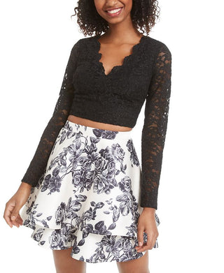 City Studios Junior's 2 Pc Lace & Floral Print Dress Black Size 9