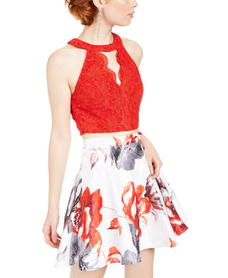 City Studios Junior's 2 Pc Lace & Floral Print Dress Red Size 1