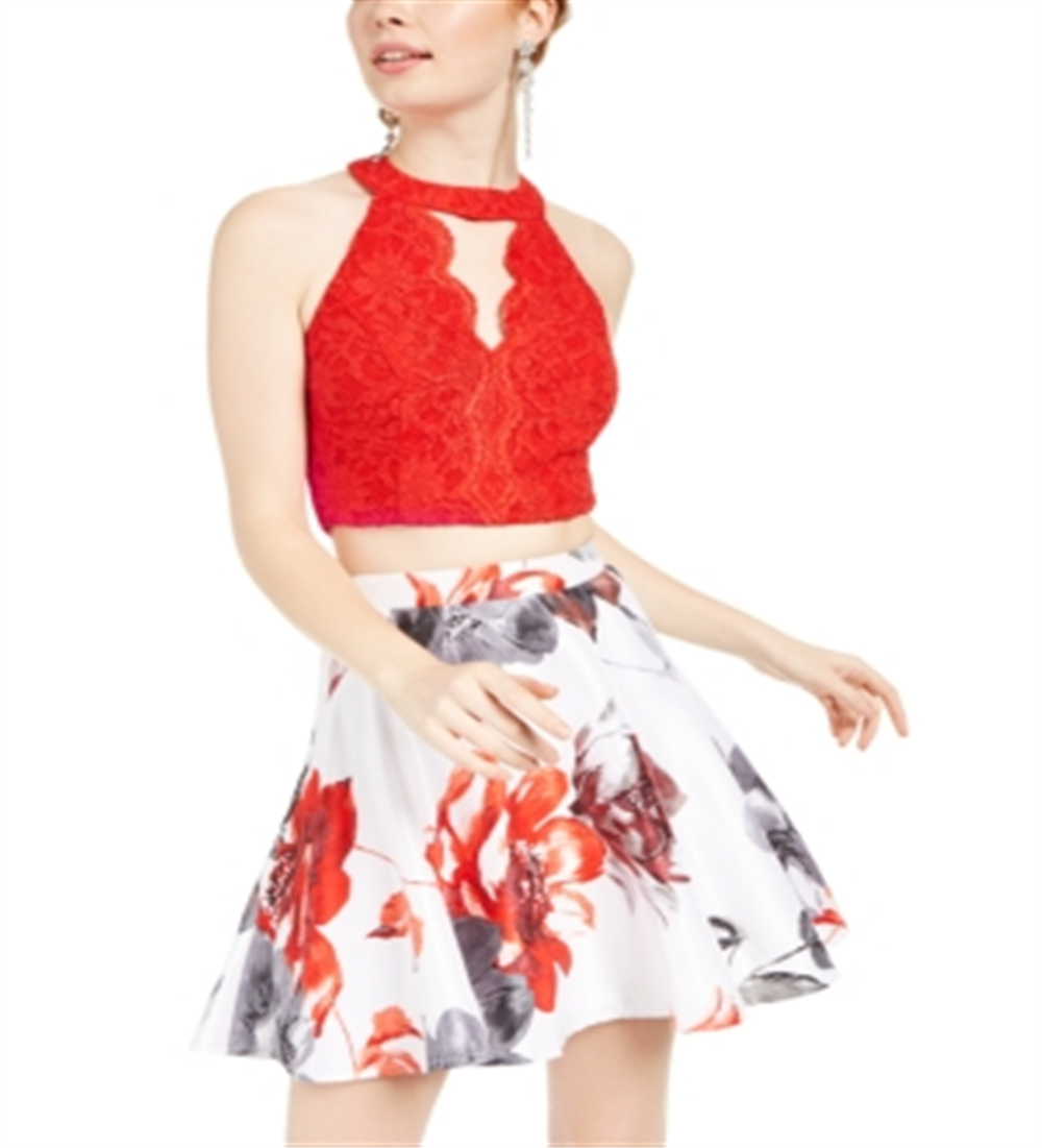 Vestido infantil City Studios com 2 peças, renda e estampa floral, vermelho, tamanho 1