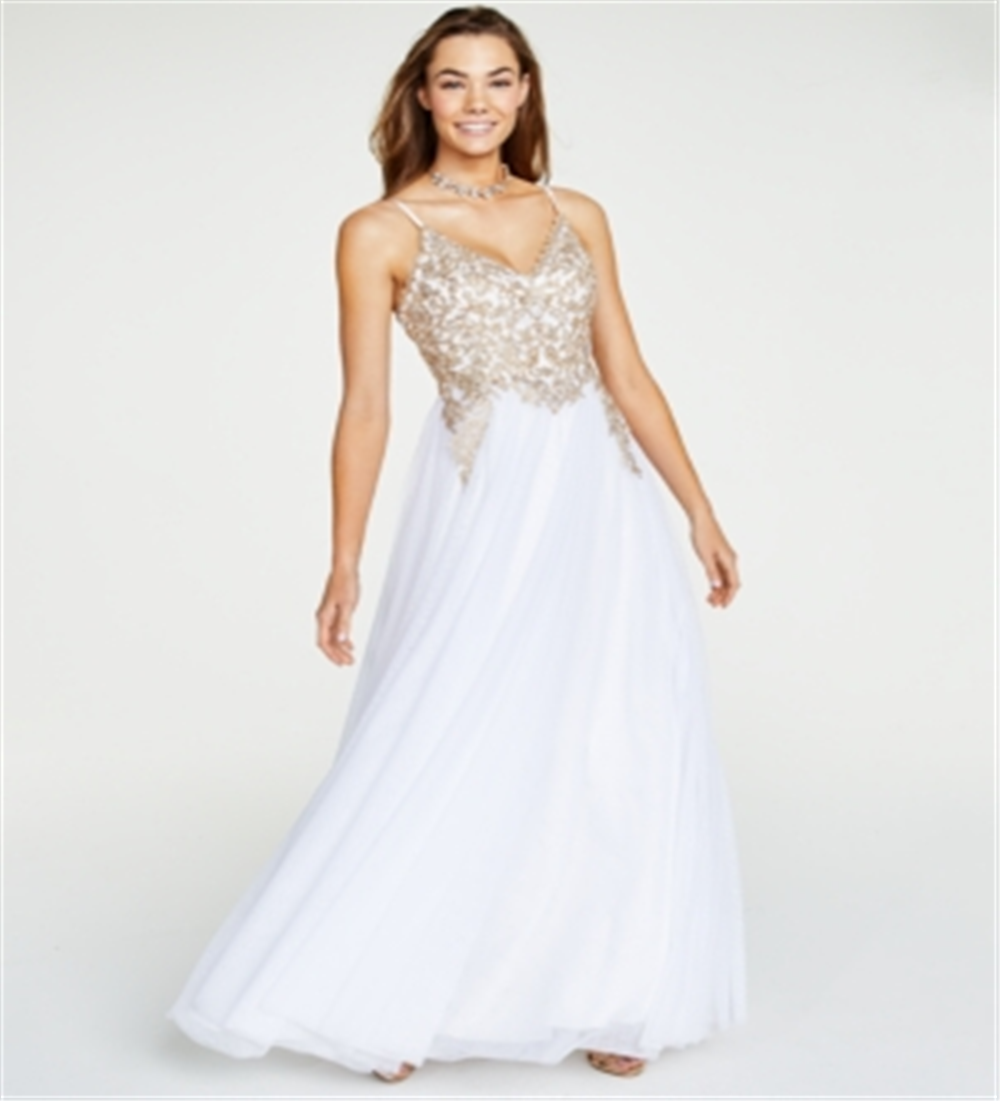 Vestido formal feminino Say Yes To The Prom, com alças finas transparentes, decote coração, comprimento total, branco, tamanho 13
