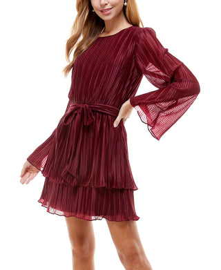 City Studios Junior's Pleated Bell Sleeve Dress Purple Size Large