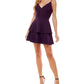 Vestido curto feminino City Studios com zíper elástico, renda nas costas, glitter, alças finas, decote em V, ajuste evasê, roxo, tamanho 15