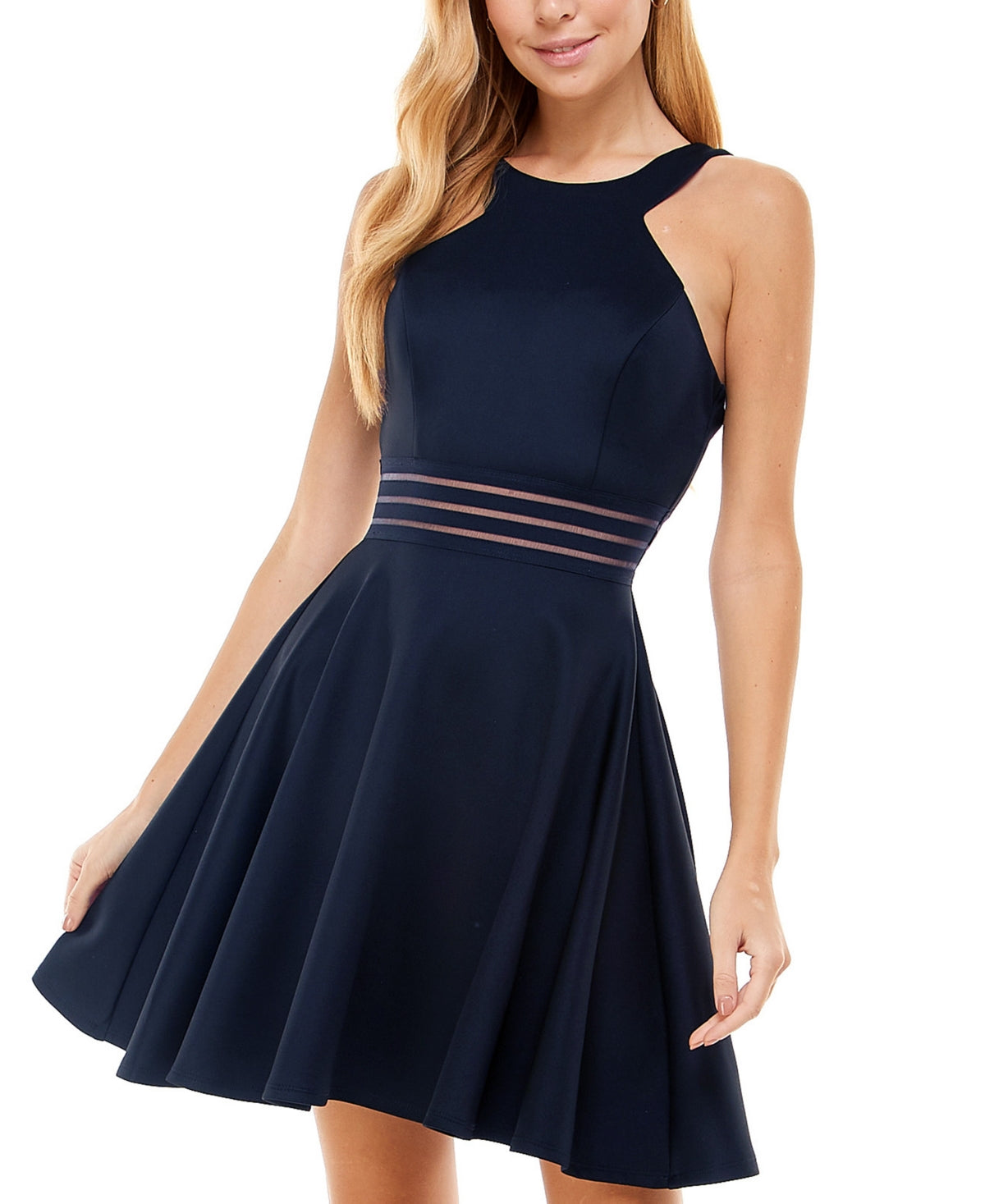 Vestido City Studios Juniors Illusion-Waist Scuba Fit &amp; Flare Azul Marinho Tamanho 9