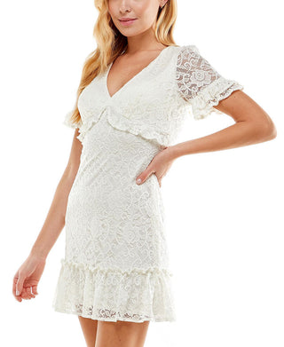 City Studio Women's V Neck Mini Fit & Flare Dress White Size 3