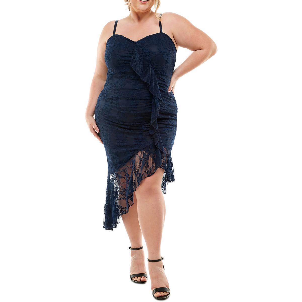 Vestido feminino City Studios com decote coração e renda, azul, tamanho 18W