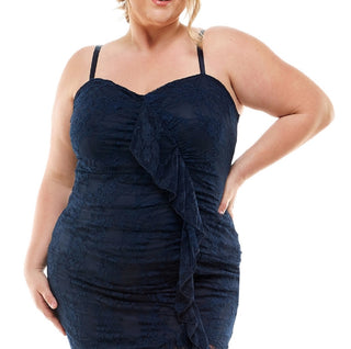 Vestido feminino City Studios com decote coração e renda, azul, tamanho 18W