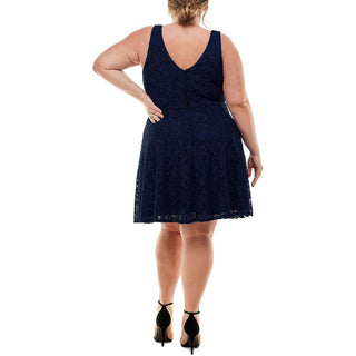 Vestido feminino City Studios com corte evasê e renda, azul, tamanho 16W