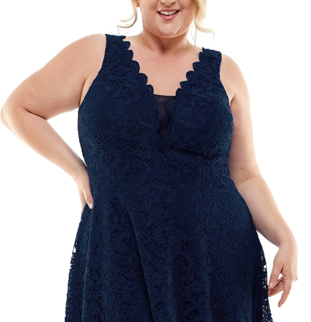 Vestido feminino City Studios com corte evasê e renda, azul, tamanho 22W