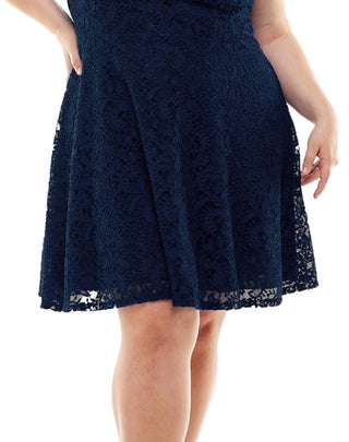 Vestido feminino City Studios com corte evasê e renda, azul, tamanho 22W