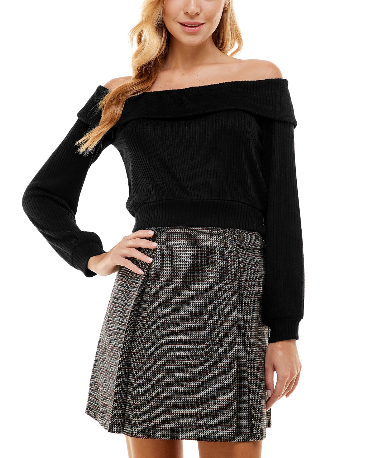 Conjunto de suéter e saia de malha canelada Kingston Junior, preto, tamanho grande
