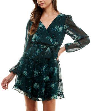 City Studios Junior's Surplice Neck Metallic Fit & Flare Dress Green Size Small