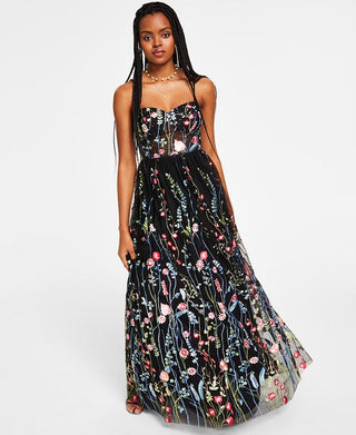 City Studios Junior's Embroidered Illusion Corset Gown Black Size 13