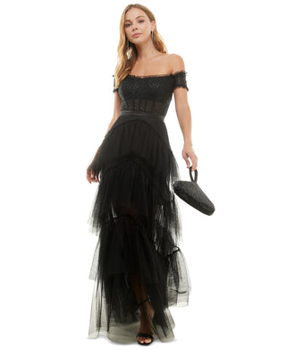 City Studios Junior's Off The Shoulder Tiered Mesh Gown Black Size 9