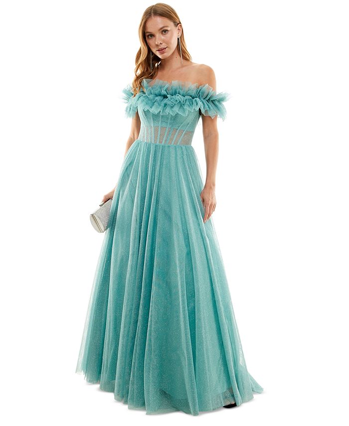 Vestido de festa infantil com babados e glitter, ombro de fora, verde, tamanho 13