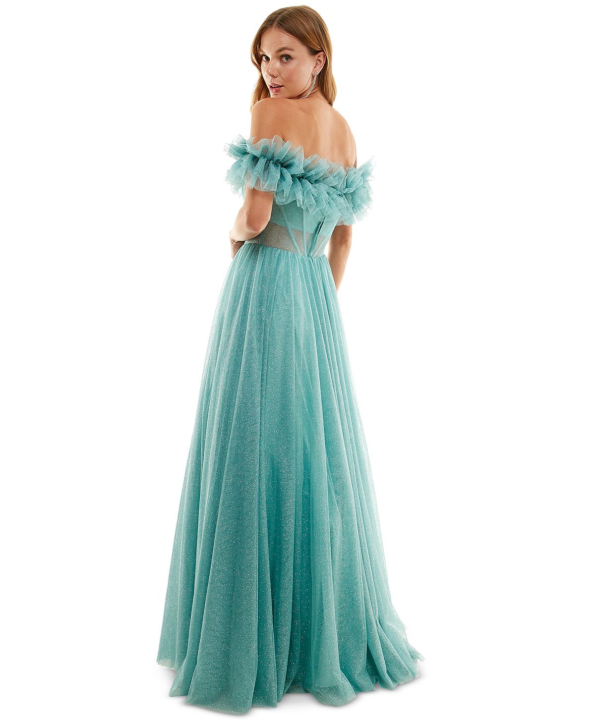 Vestido de festa infantil com babados e glitter, ombro de fora, verde, tamanho 13