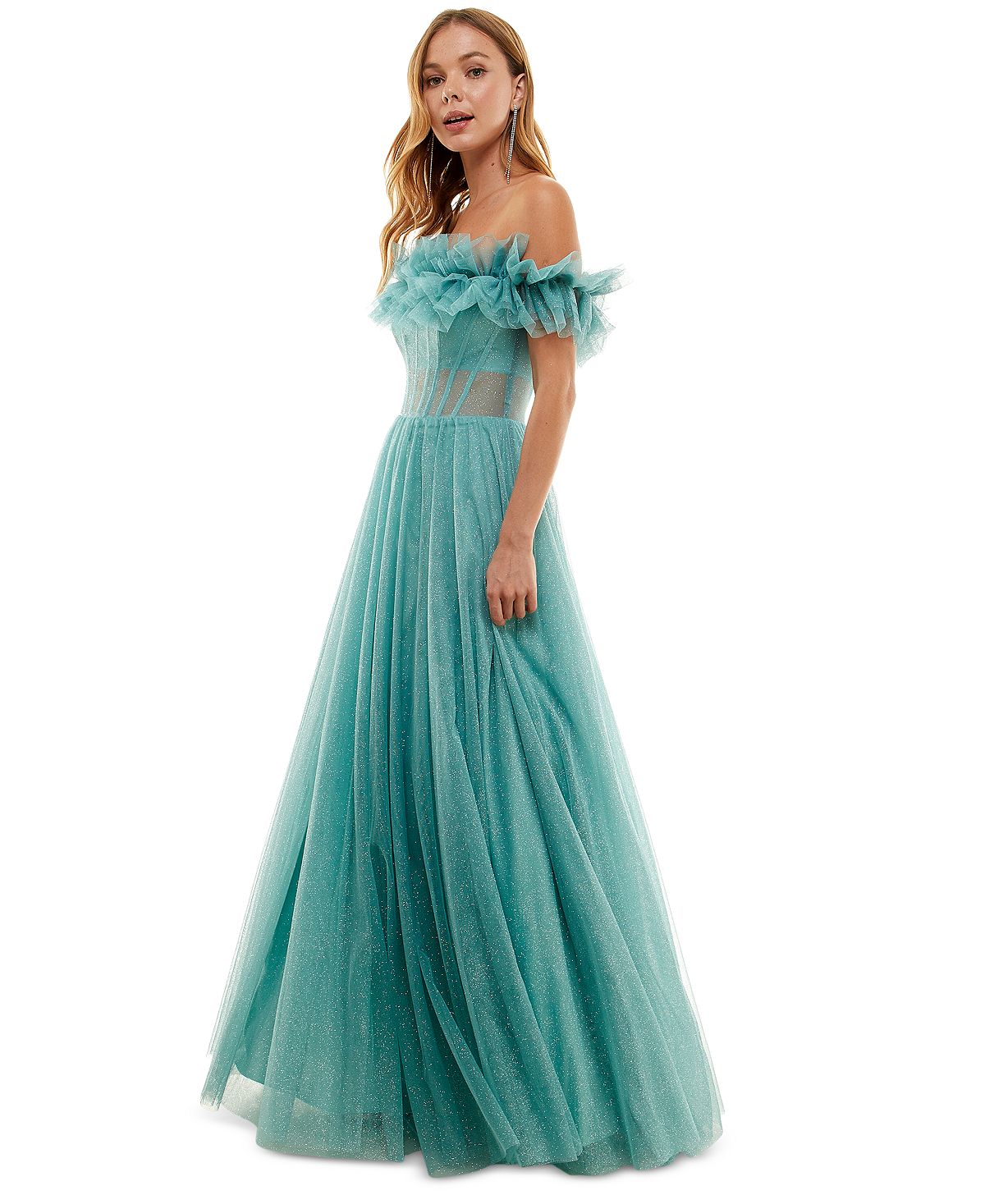 Vestido de festa infantil com babados e glitter, ombro de fora, verde, tamanho 13