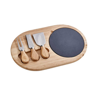 Creative Gifts International - Conjunto de tábua de queijo oval de ardósia e madeira com 3 peças