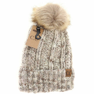 C.C Beanie - WOMEN'S FUZZY LINED POPCORN CONFETTI FUR POM BEANIE
