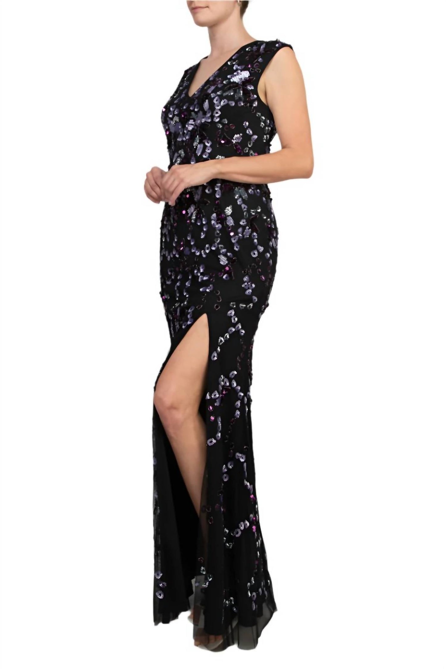 Adrianna Papell - Beaded V-neck Sleeveless Font Slit Gown