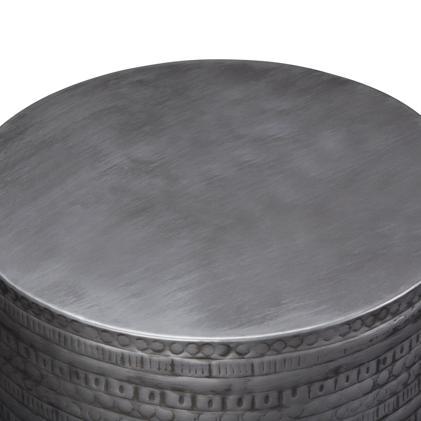 Johnsen 15 Inch Wide Tribal Pattern Metal Accent Table in Antique Silver