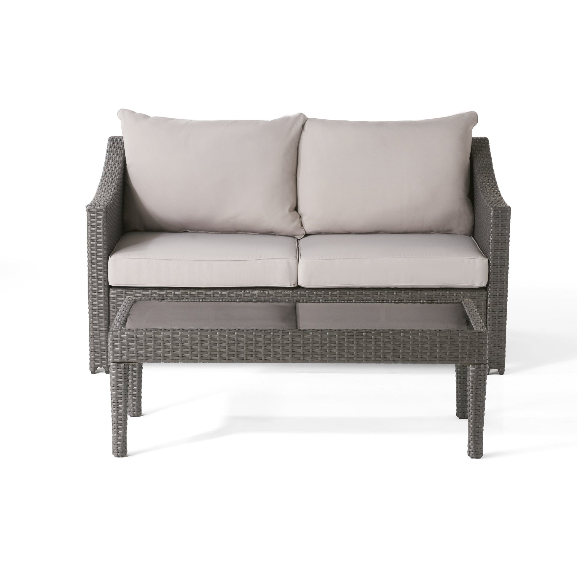 Contemporary ANTIBES Loveseat & Table Set Outdoor Grey PE Rattan Iron Waterproof Fabric