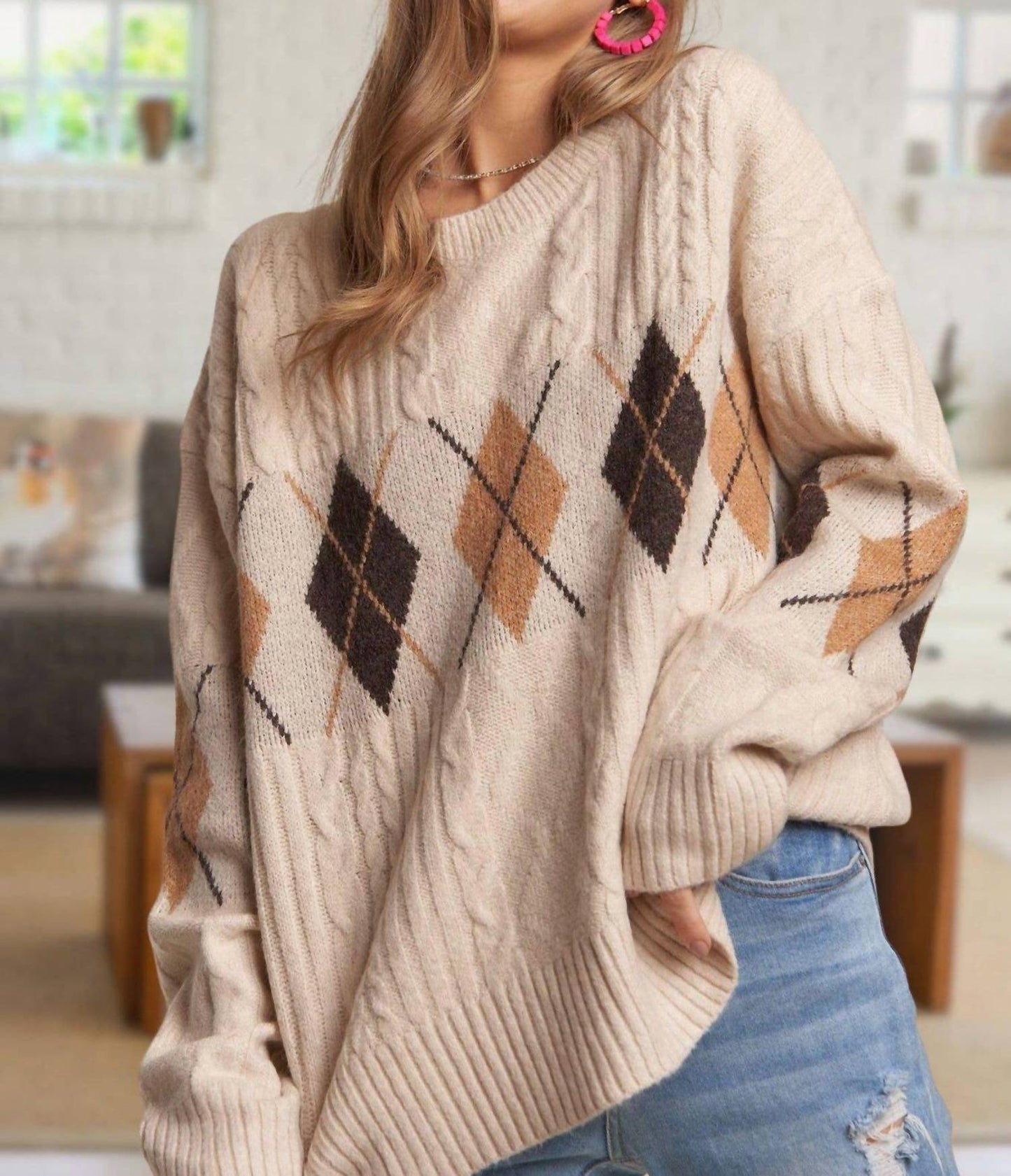 Adora - Diamond Pattern Cable Knit Sweater
