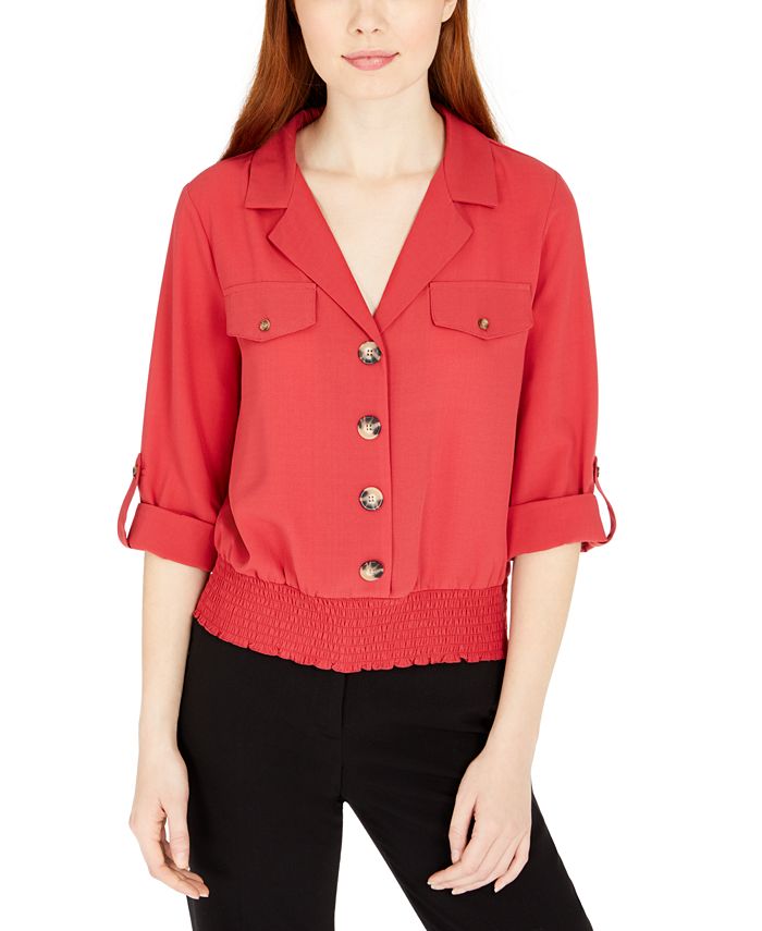 Blusa feminina com botões frontais e franzidos, tamanho médio, vermelha, da Byer California