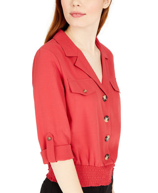 Blusa feminina com botões frontais e franzidos, tamanho médio, vermelha, da Byer California