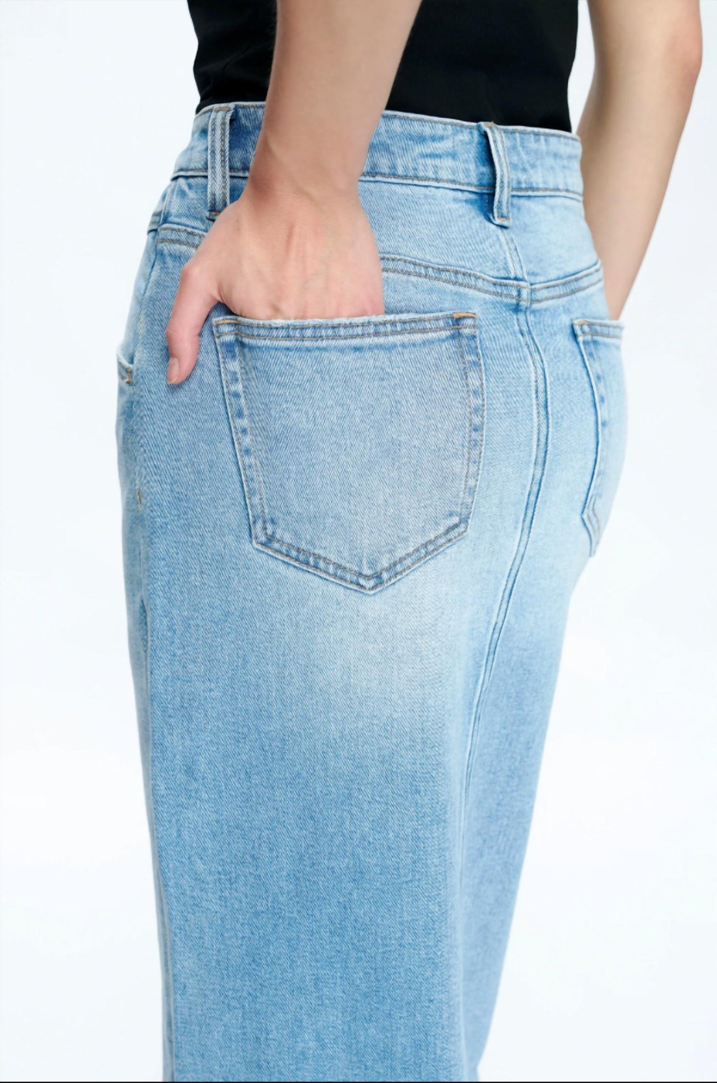 Bayeas - Lauren Mid Rise Slit Denim Maxi Skirt