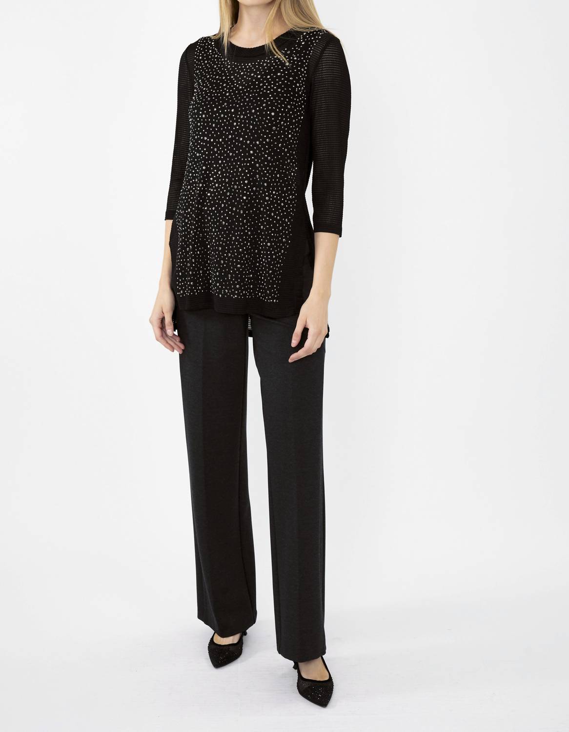 Frank Lyman - Knit Mesh High-low Top With Rhinestones