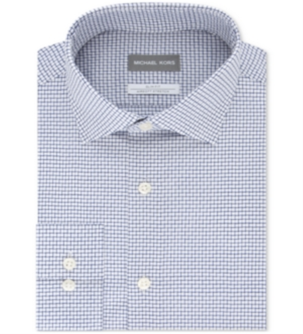 Camisa social masculina Michael Kors Slim-Fit sem passar a ferro Airsoft Performance Stretch Check Azul Tamanho 15,5X32-33