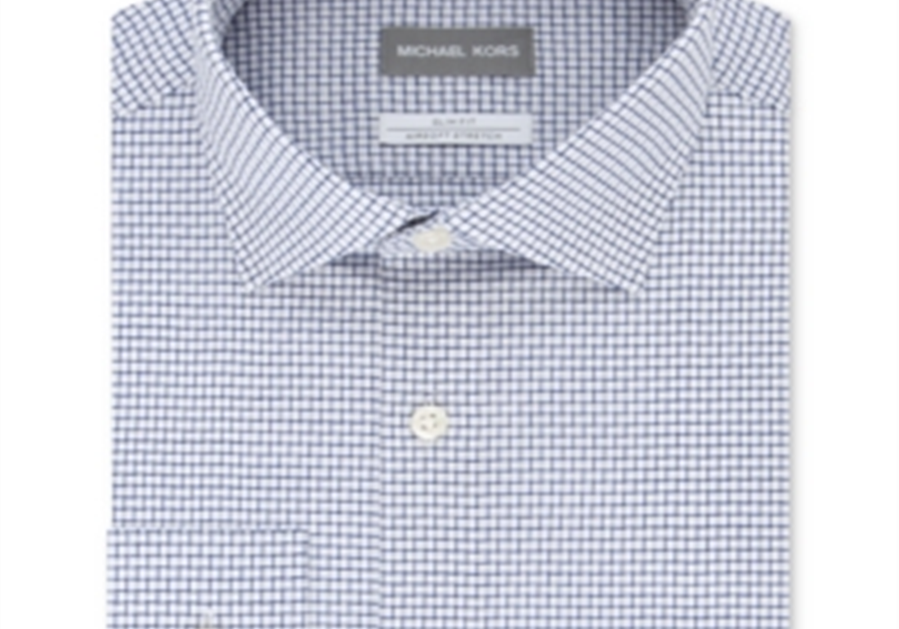 Camisa social masculina Michael Kors Slim-Fit sem passar a ferro Airsoft Performance Stretch Check Azul Tamanho 15,5X32-33