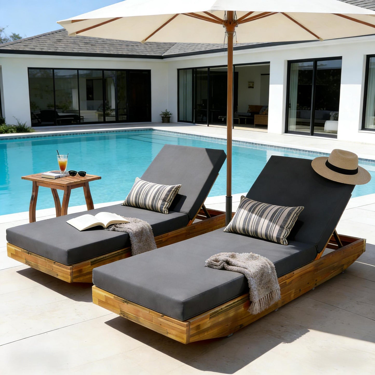 Acacia Wood Chaise Lounge with Cushion - Teak Finish