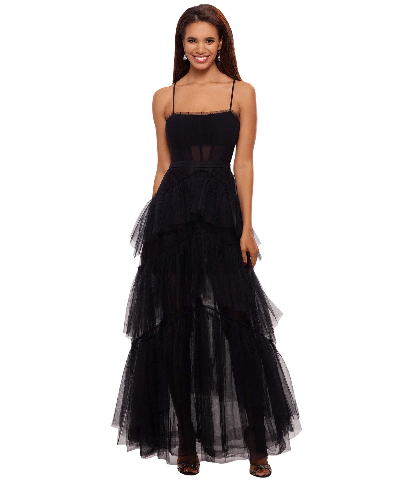 Betsy & Adam Women's Long Corset Tiered Mesh Illusion Gown, Black 6