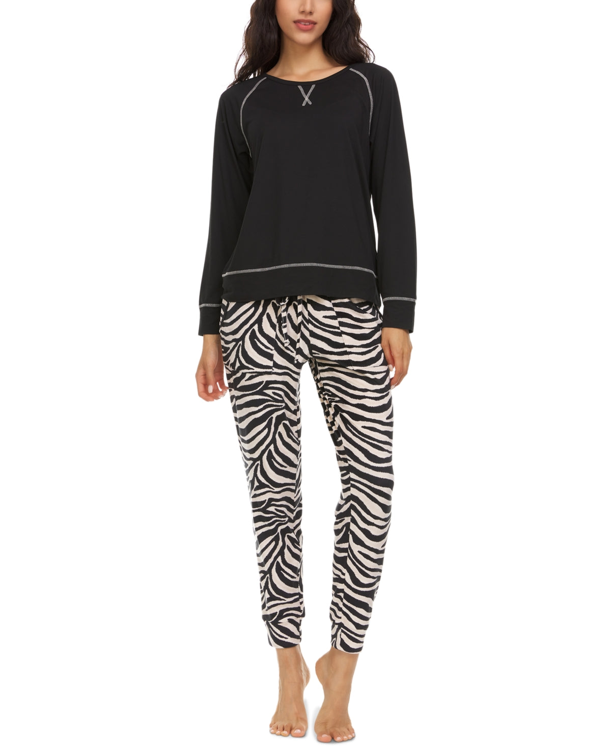 Conjunto de camiseta e calça de pijama de veludo estampado Flora by Flora Nikrooz feminino, tamanho médio, preto