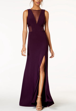 Vestido lápis formal feminino Morgan &amp; Company, sem mangas, com fenda transparente, decote em V, comprimento total, roxo, tamanho 9-10