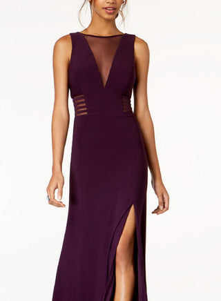 Vestido lápis formal feminino Morgan &amp; Company, sem mangas, com fenda transparente, decote em V, comprimento total, roxo, tamanho 9-10