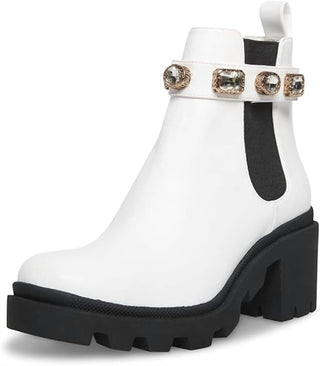 Steve Madden - Botas Chelsea plataforma femininas Amulet com pedra dourada branca e salto bloco